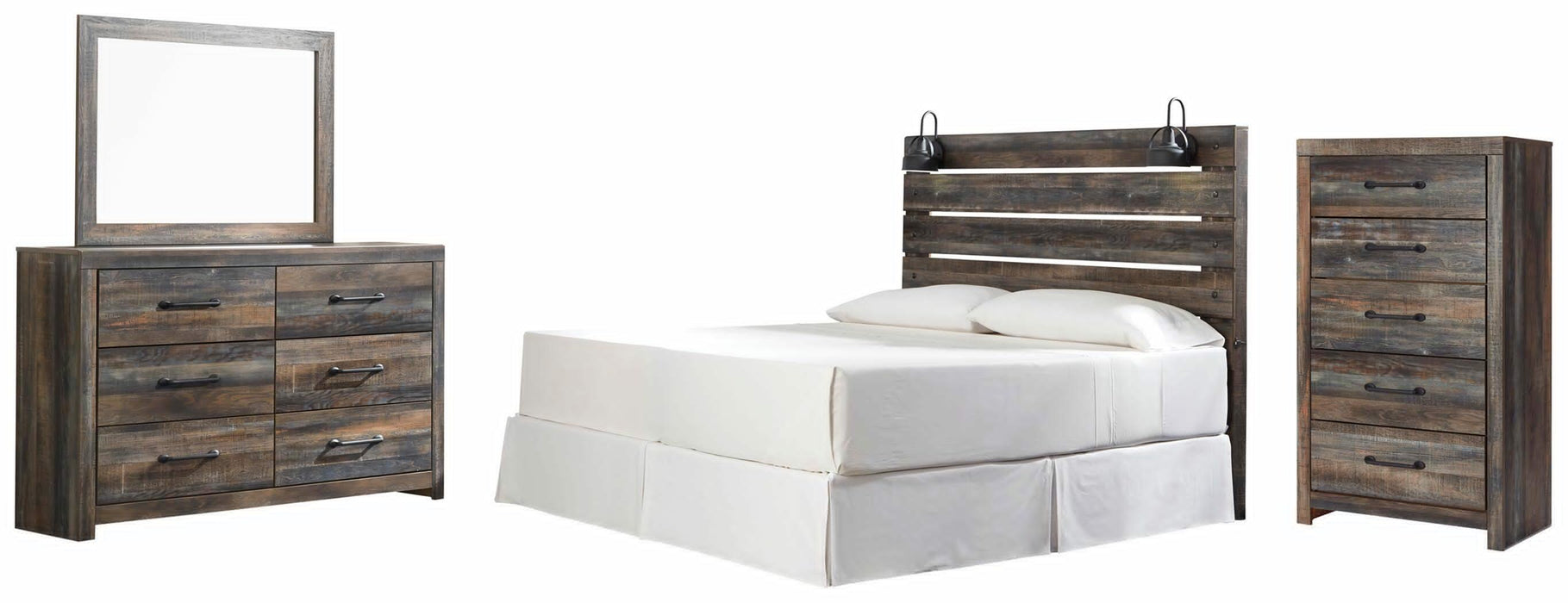 Drystan Multi Drystan King Panel Headboard Bed with Mirrored Dresser and Chest
