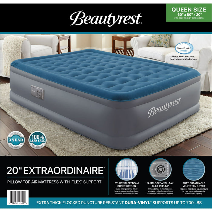 Beautyrest Extraordinaire 20” Queen Size Air Mattress with Built-in Pump - Blow-up Mattress Best for Camping & Guests, 3 Year Warranty - new