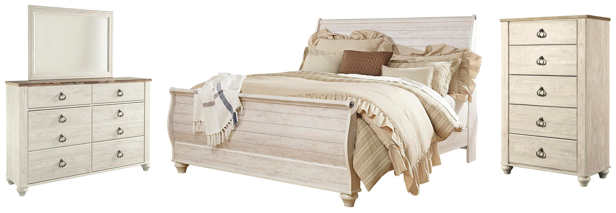 Willowton Whitewash Willowton King Sleigh Bed with Mirrored Dresser and Chest - Brand New