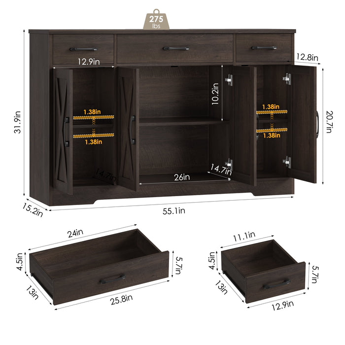 Homfa Buffet Cabinet with 3 Drawers and 4 Doors, 55.1” W Kitchen Sideboard Storage Cabinet with Adjustable Shelves, Farmhouse Coffee Bar Cabinet for Dining Room, Dark Brown - new