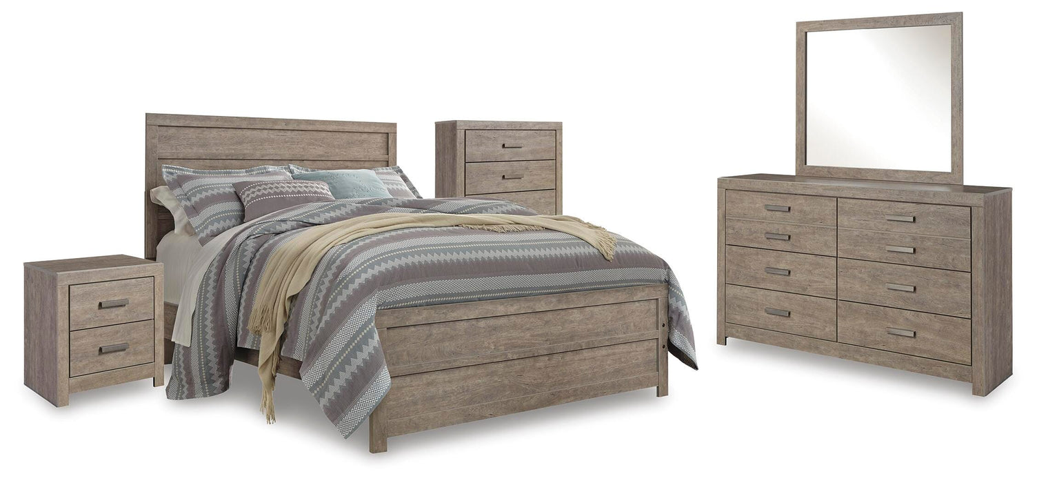 Culverbach Gray Culverbach Queen Panel Bed with Mirrored Dresser, Chest and Nightstand - Brand New