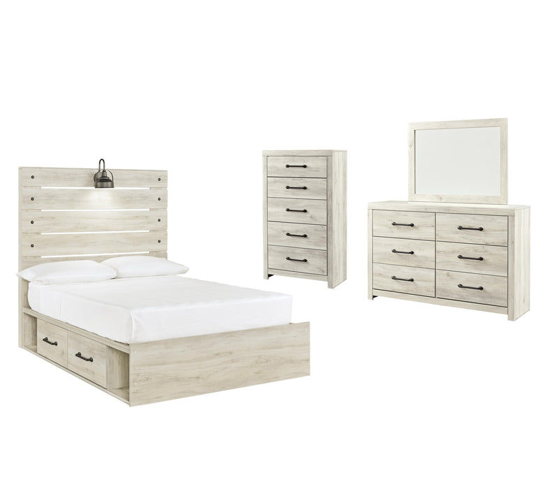 Cambeck Whitewash Cambeck Full Panel Bed with 4 Storage Drawers with Mirrored Dresser and Chest