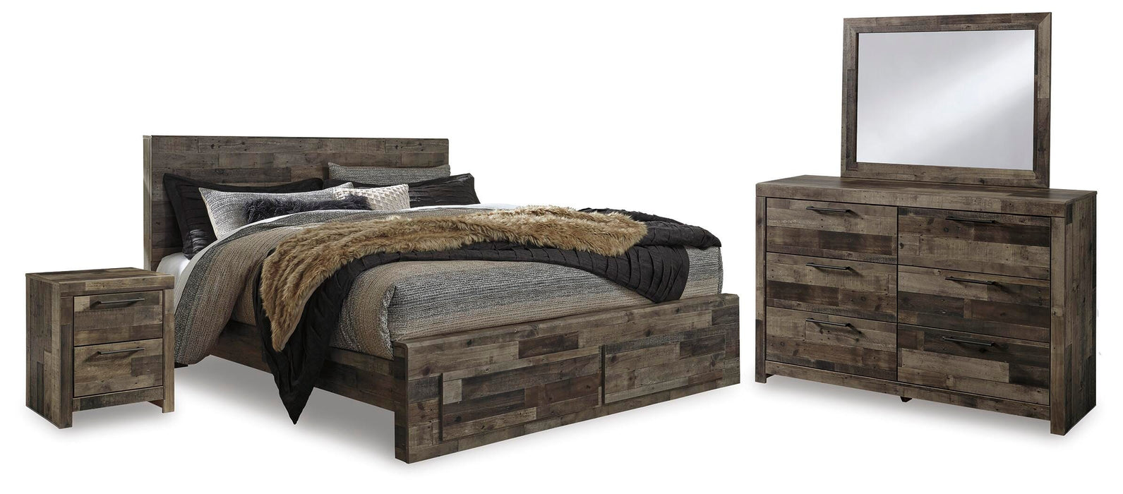 Derekson Multi Gray Derekson King Panel Bed with 2 Storage Drawers with Mirrored Dresser and Nightstand