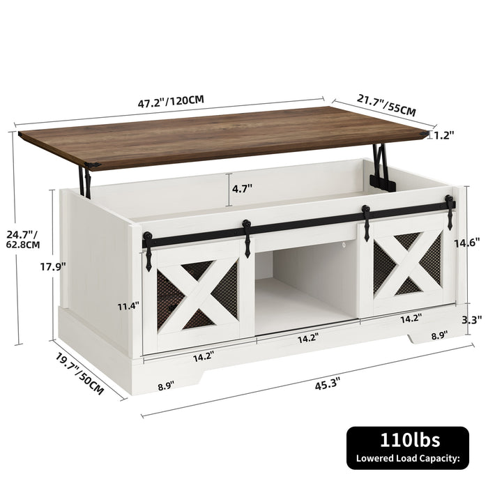 DWVO Farmhouse Lift Top Coffee Table with Storage & Sliding Door, Rustic Center Table for Living Room, White and Brown - open_box