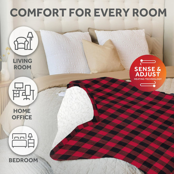 Sunbeam Electric Heated Throw Red/Black Plaid Microplush Faux Shearling 4 Heat 50x70 - new