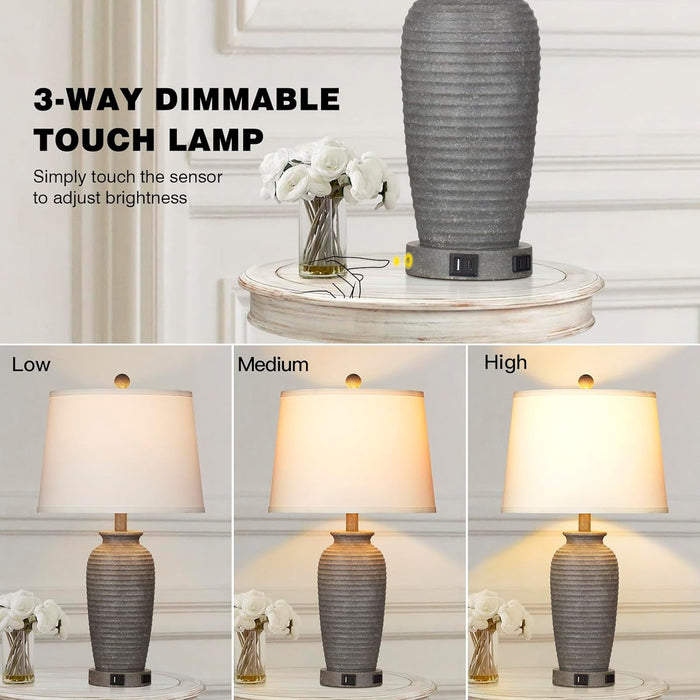 25" Farmhouse Jar Table Lamps Set of 2, 3 Way Touch Control Rustic Bedside Lamps with USB A+C Ports & AC Outlet, Pot Nightstand Lamps for Bedroom Living Room (LED Bulbs Included) - new
