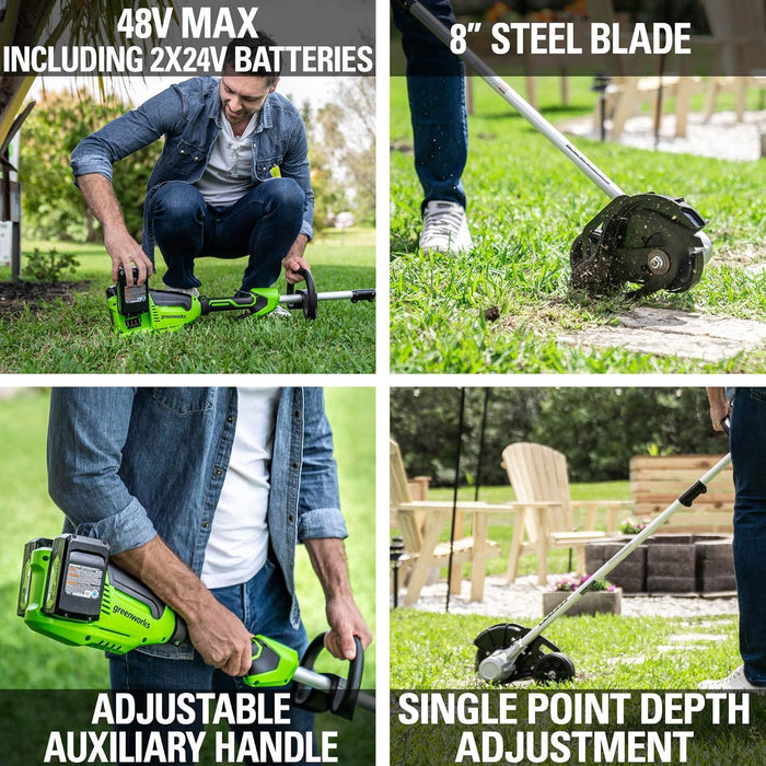Greenworks 48V (2 x 24V) 8" Brushless Cordless Edger, (2) 4.0Ah Batteries and Dual Port Rapid Charger Included - new