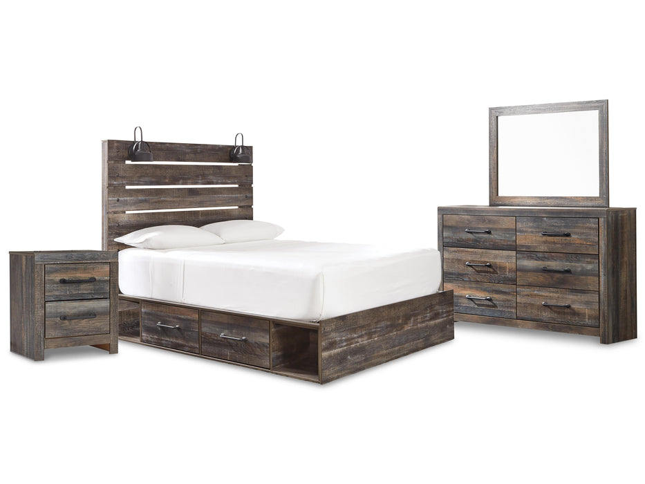 Drystan Multi Drystan Queen Panel Bed with 2 Storage Drawers with Mirrored Dresser and Nightstand