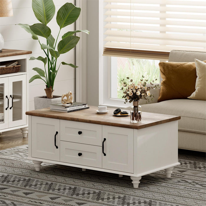 Farmhouse Coffee Table with Storage Cabinet & Drawer, White Center Table for Living Room - new