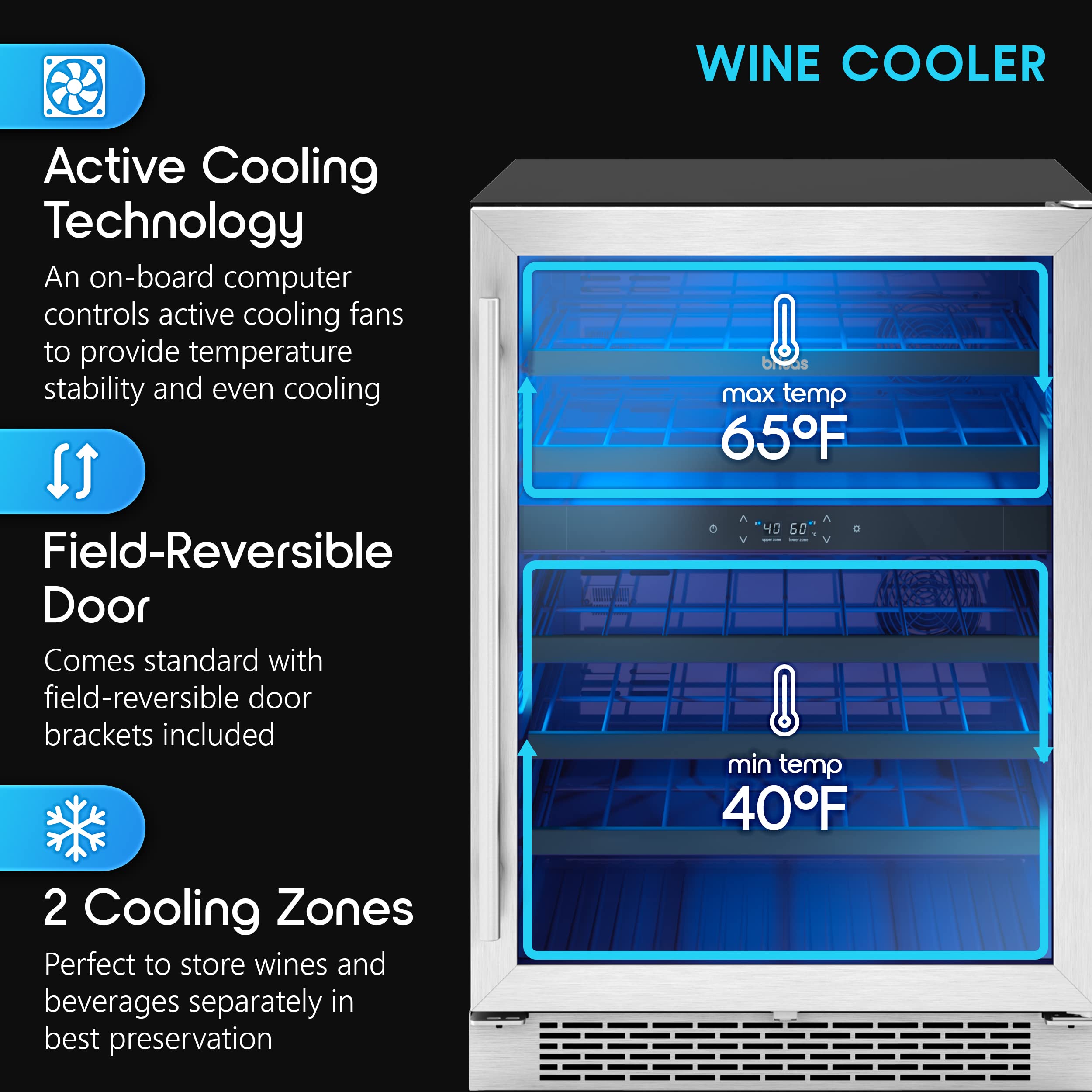 Zephyr Brisas 24 Inch Brisas Dual Zone Wine Cooler From cool to cold, two temperature zones give you tons of flexibility when storing red and white and pink wines. - open_box