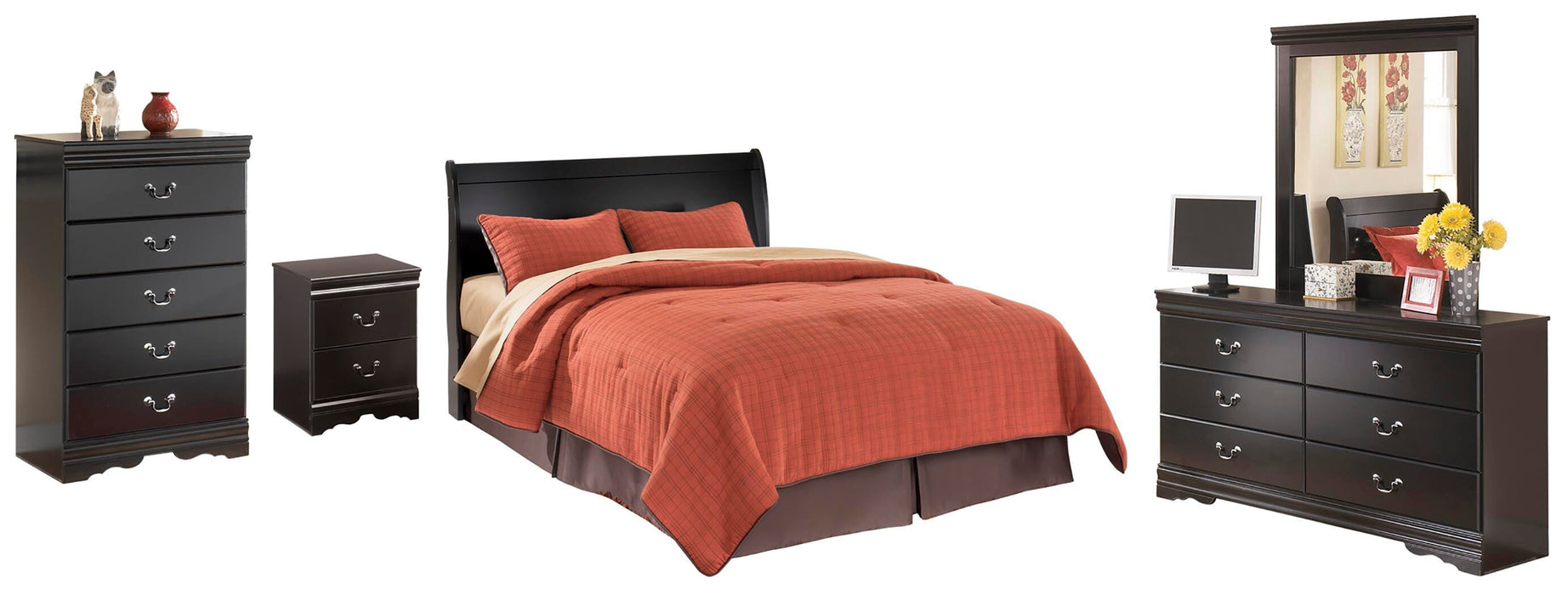 Huey Vineyard Black Huey Vineyard Queen Sleigh Headboard Bed with Mirrored Dresser, Chest and Nightstand