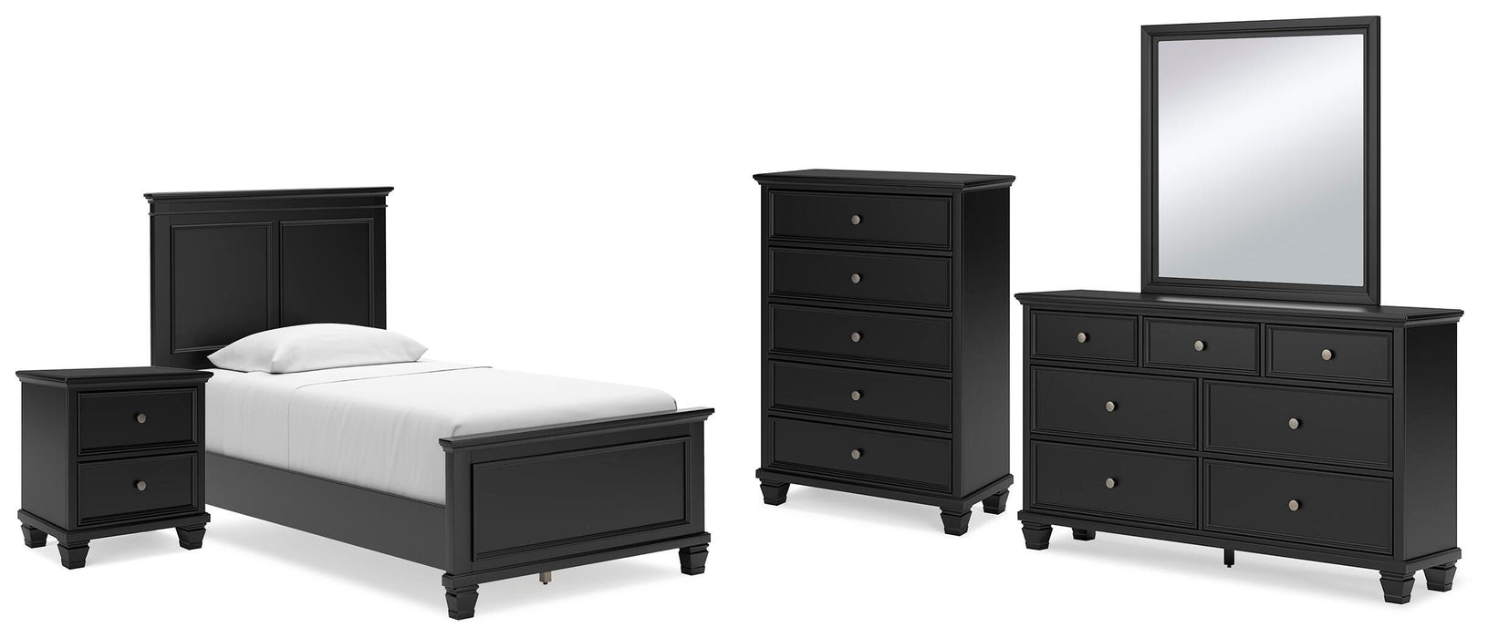 Lanolee Black Lanolee Twin Panel Bed with Mirrored Dresser, Chest and Nightstand