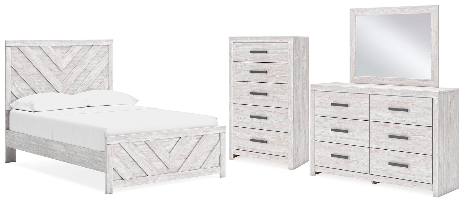 Cayboni Whitewash Cayboni Full Panel Bed, Dresser, Mirror and Chest