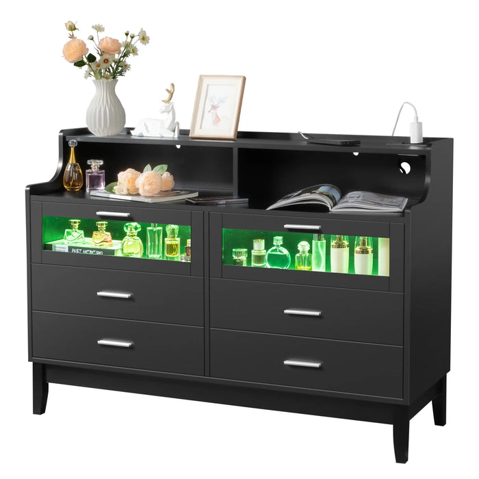 6 Drawer Dresser with Charging Station, 47.24" LED Long Dresser with Glass Display Drawer, Chest of Drawers for Bedroom, Living Room, Black - new