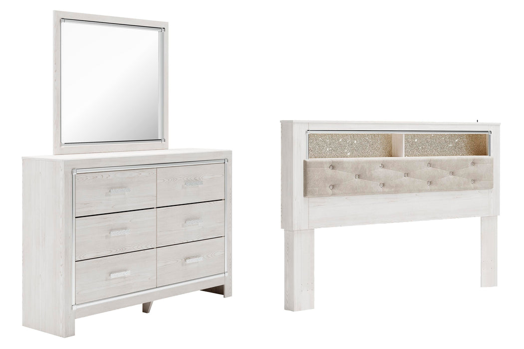 Altyra White Altyra King Bookcase Headboard Bed with Mirrored Dresser