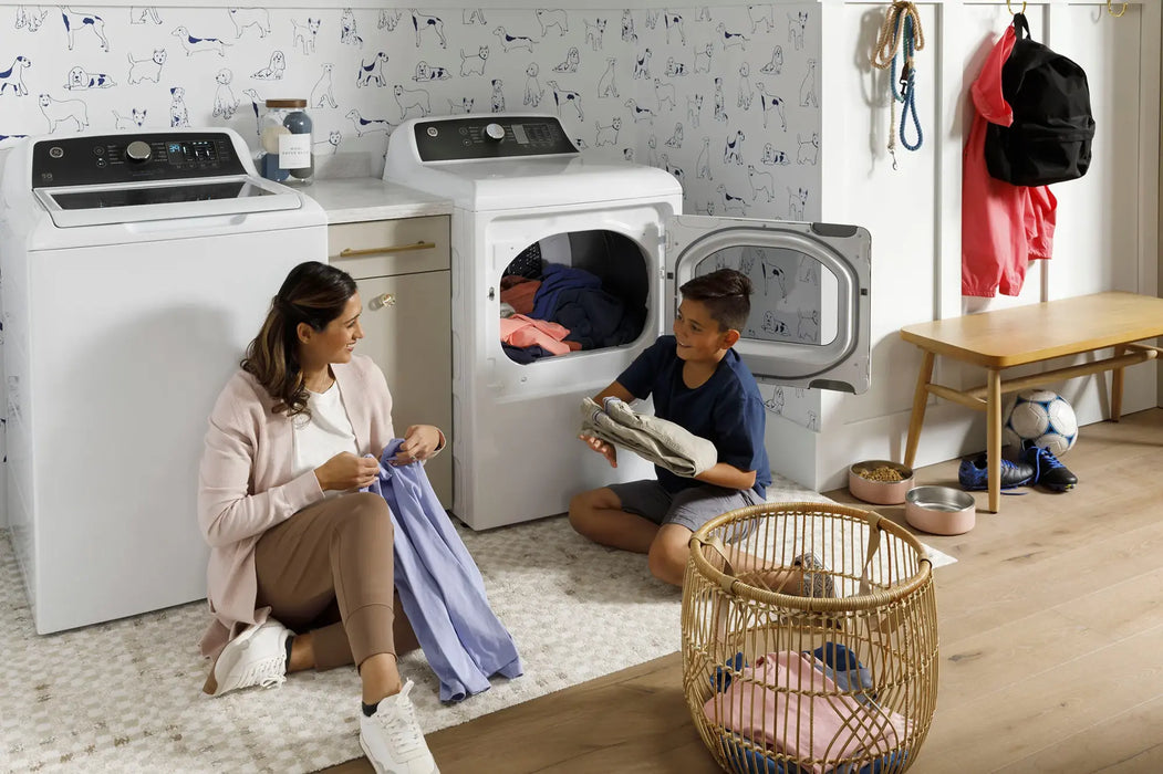 GE - 7.4 Cu. Ft. Front Load Electric Dryer with Sensor Dry - White with Matte Black - new