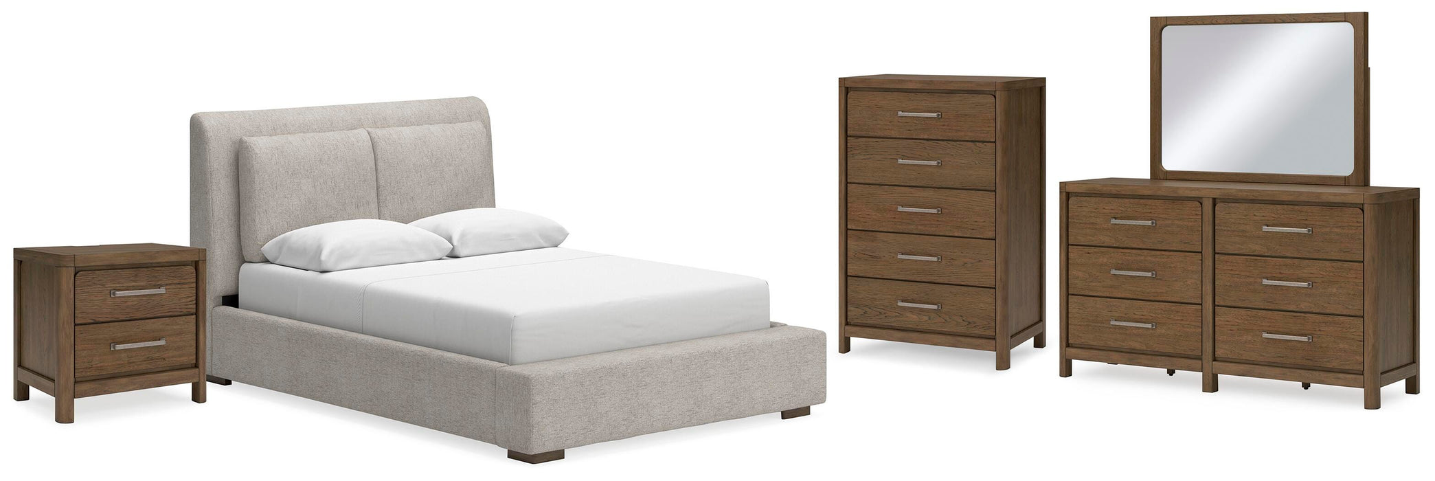 Cabalynn Light Brown Cabalynn Queen Upholstered Bed with Mirrored Dresser, Chest and Nightstand - Brand New
