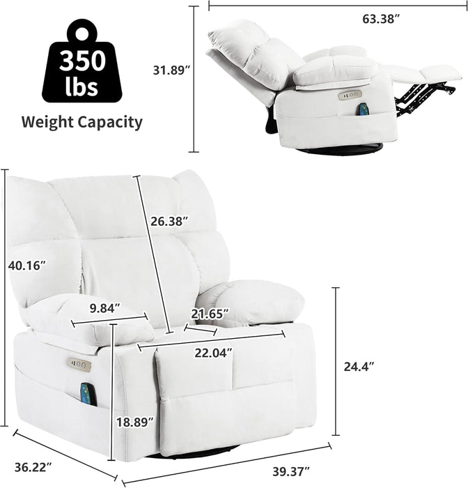 EDWELL White Power Recliner Chair, Swivel Rocking Recliner Chairs for Adults with Massage and Heated, Soft Single Reclining Swivel Sofa with USB, USB-C Ports for Living Room - use_like_new