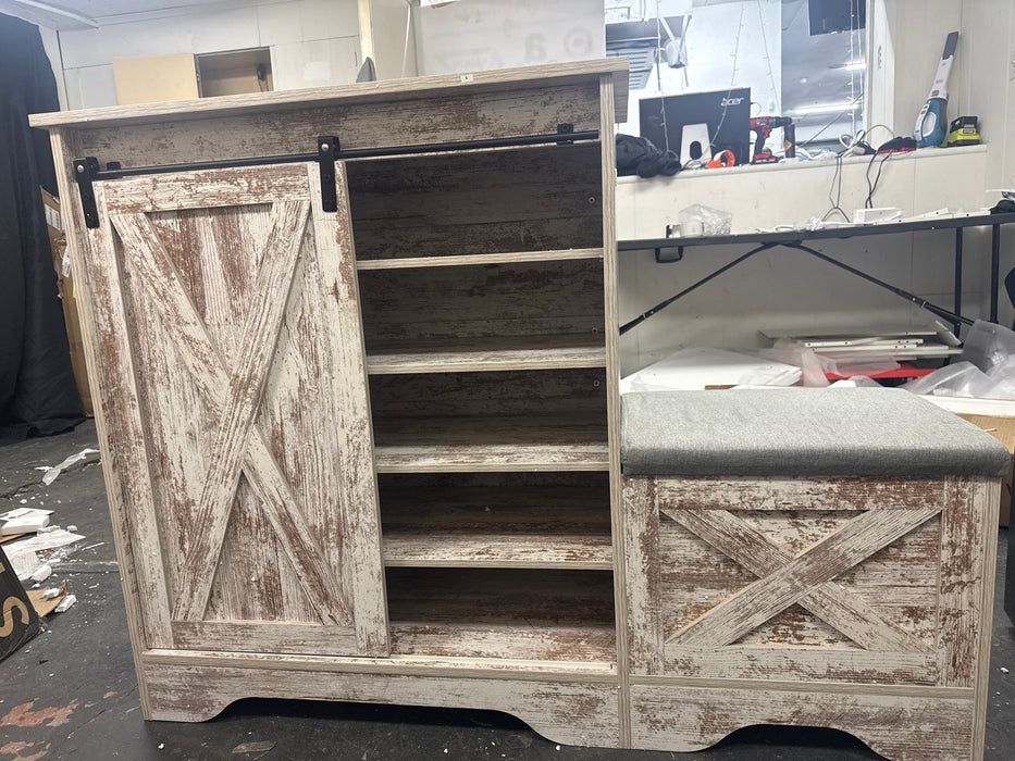 Uforic Shoe Cabinet with Sliding Door & Shoe Bench,Farmhouse Narrow Slim 5-Tier Adjustable Shoe Storage Organizer for 20 Pairs for Entryway, Foyer, Embossed White - new