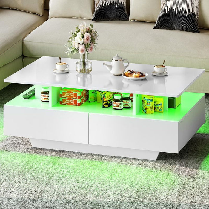35.4" Modern High Glossy Rectangular Coffee Table with LED Light and Drawers - new