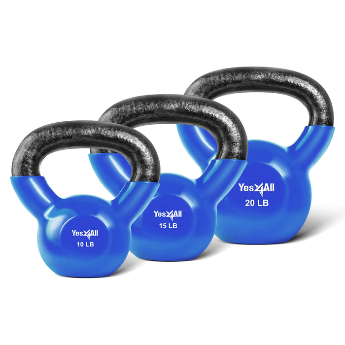 Yes4All Kettlebells 10 15 20 lbs Set Weight Vinyl Coated Cast Iron for Dumbbell Weights Exercises, Gym, Fitness, Full Body Workout Equipment Push up, Grip and Strength Training, Blue - new