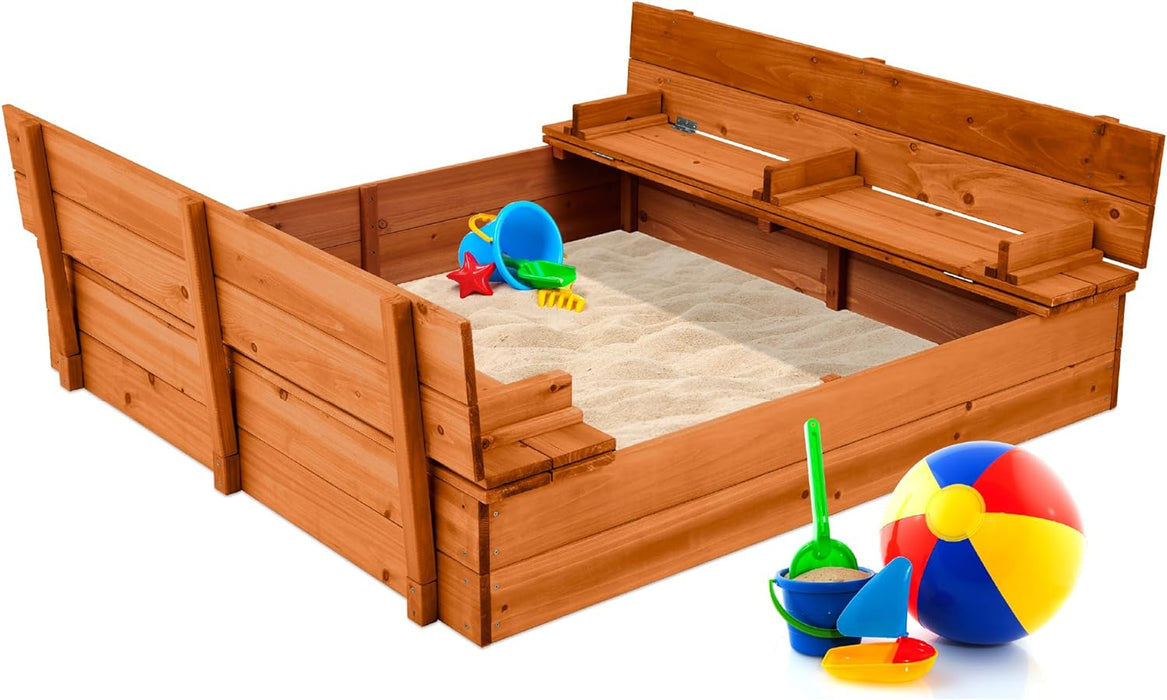 Best Choice Products Kids' Outdoor Wooden Sandbox Large, Cedar Wood with Foldable Bench Seats and Sand Protection, Bottom Liner Included - Brown - open_box