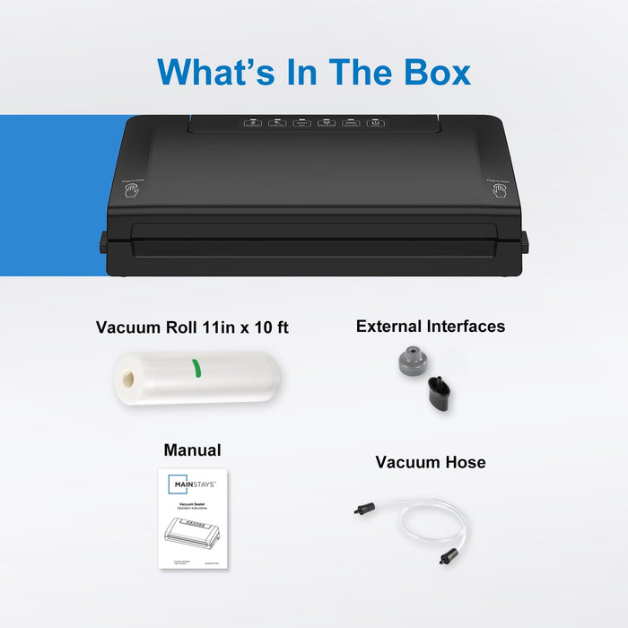 Mainstays Vacuum Sealer with Built-in Cutter and Roll Storage, 1 Vacuum Seal Roll Included , Black - new