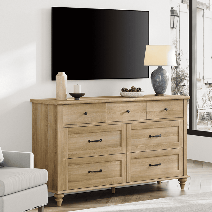 Oak 7 Drawer Dresser for Bedroom, Wooden Chest of Drawers for Living Room - open_box