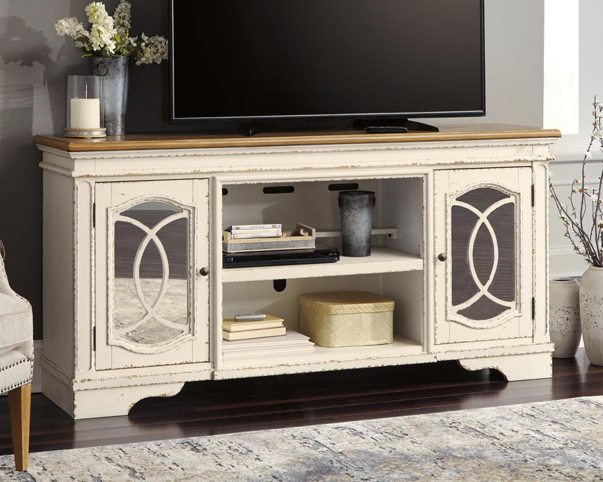 Realyn Chipped White XL TV Stand w/Fireplace Option