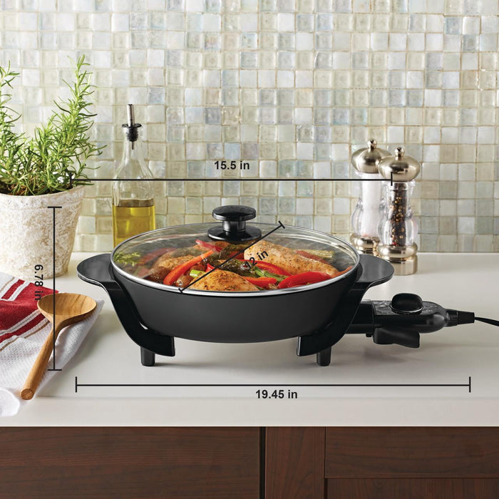 Mainstays 12" Round Ceramic Skillet, Black,Nonstick, 1200W, Removable Temp Control, Dishwasher Safe - new