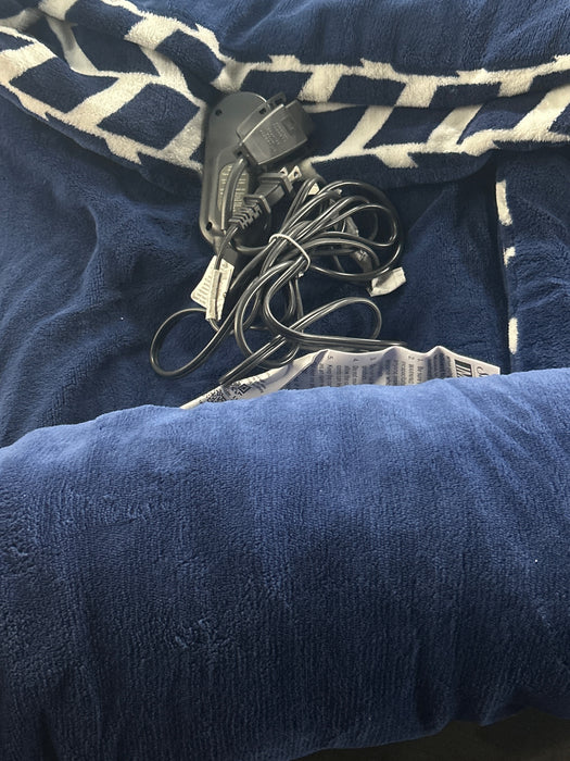 Sunbeam Electric Heated Throw Blanket Oversize Blue Corduroy Microplush 4 Heat Settings - open_box