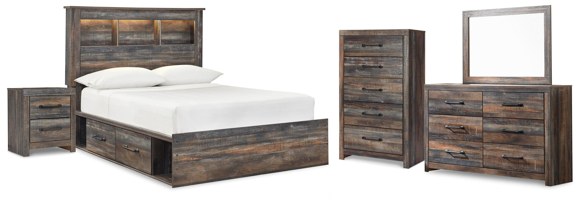 Drystan Multi Drystan Full Bookcase Bed with 4 Storage Drawers with Mirrored Dresser, Chest and Nightstand
