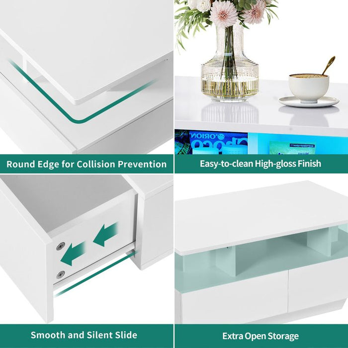 35.4" Modern High Glossy Rectangular Coffee Table with LED Light and Drawers - new