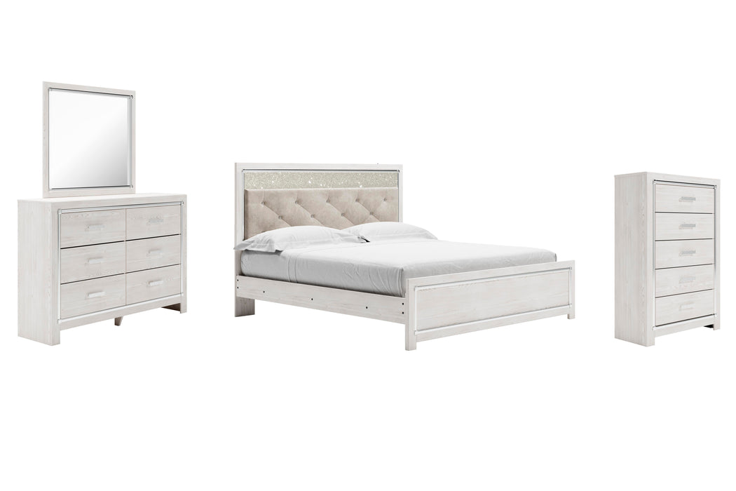 Altyra White Altyra King Panel Bed with Mirrored Dresser and Chest