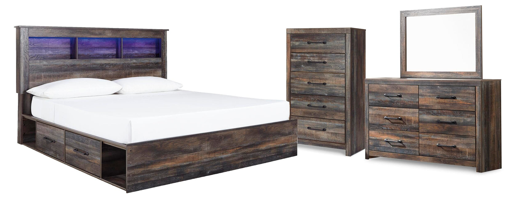 Drystan Multi Drystan King Bookcase Bed with 4 Storage Drawers with Mirrored Dresser and Chest