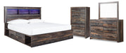 Drystan Multi Drystan King Bookcase Bed with 4 Storage Drawers with Mirrored Dresser and Chest