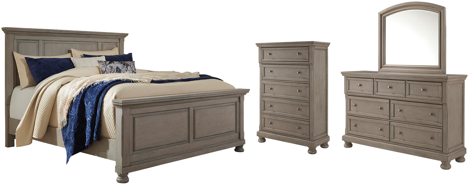 Lettner Light Gray Lettner California King Panel Bed with Mirrored Dresser and Chest