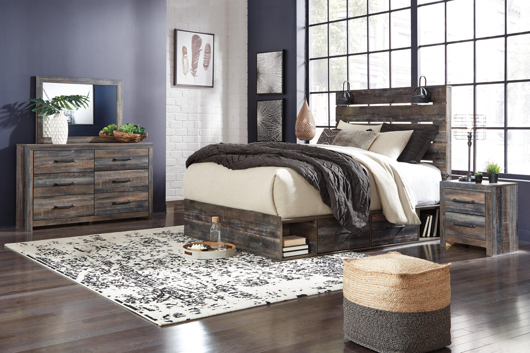 Drystan Multi Drystan Queen Panel Bed with 2 Storage Drawers with Mirrored Dresser and Nightstand