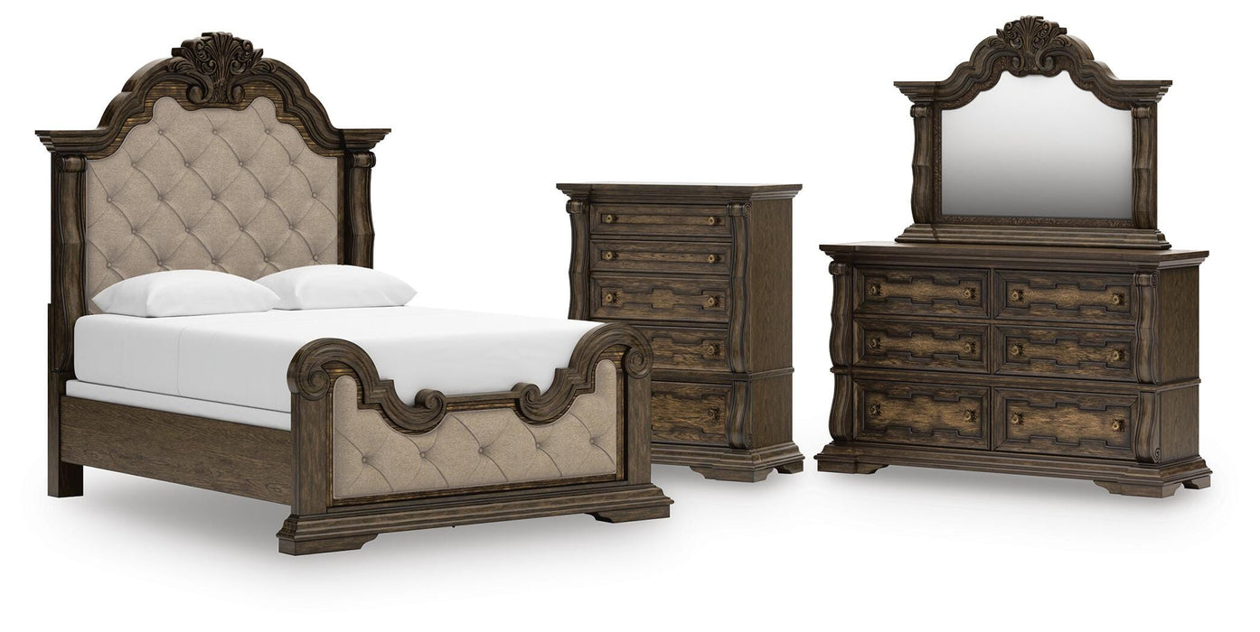 Maylee Dark Brown Maylee Queen Upholstered Bed, Dresser, Mirror and Chest - Brand New