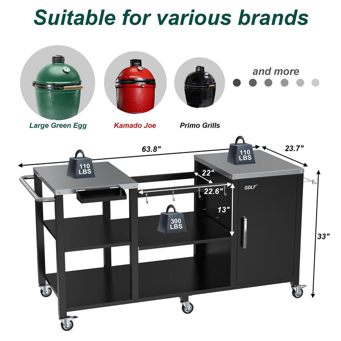 GDLF Table Compatible with Big Green Egg Grill Heavy Duty Metal Green Egg Stand with Accessories Storage - new