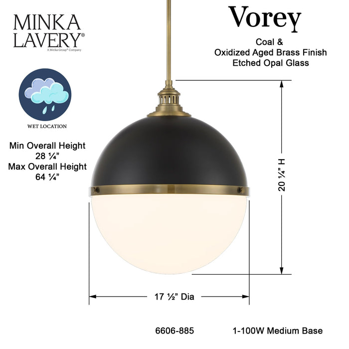 Minka Lavery 6606-885 Vorey White Etched Opal Outdoor Pendant Light Hanging Lantern, 1-Light 100 Watt, 20" H x 17" W, Coal and Oxidized Aged Brass - new