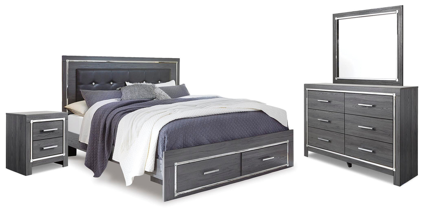 Lodanna Gray Lodanna King Panel Bed with 2 Storage Drawers, Dresser, Mirror and Nightstand