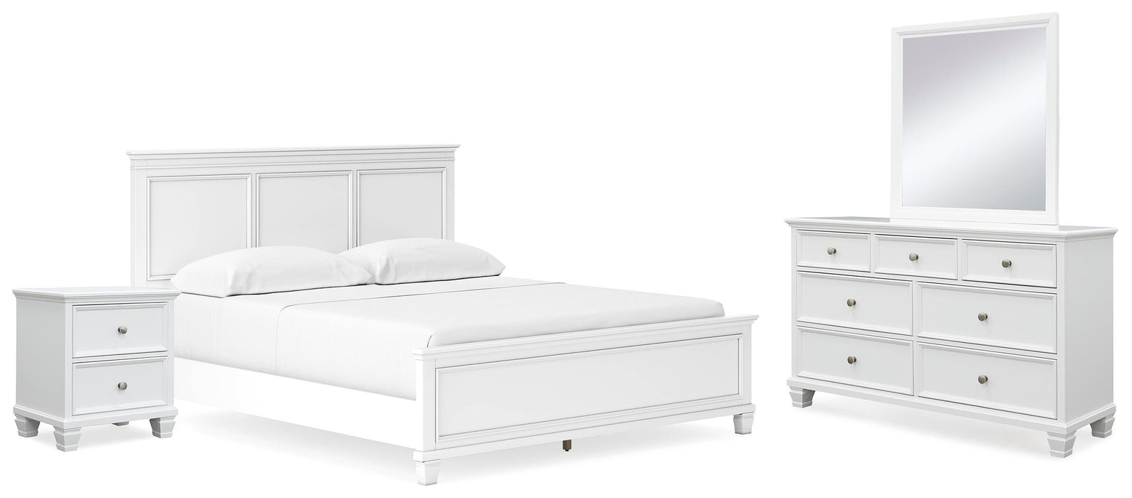 Fortman White Fortman California King Panel Bed with Mirrored Dresser and Nightstand