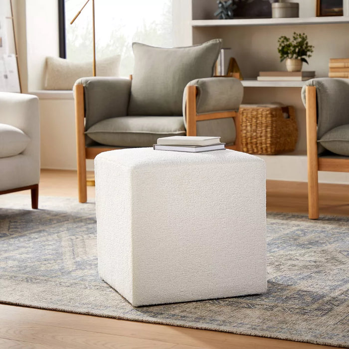 Lynwood Square Upholstered Cube Ottoman Faux Shearling Cream Boucle - Threshold designed with Studio McGee - new