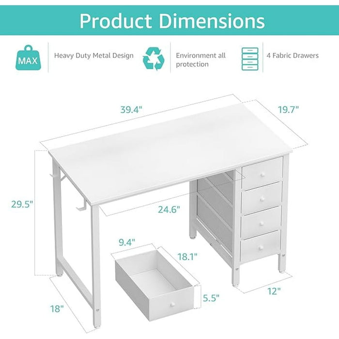 Lufeiya Small White Desk with Fabric Drawers, 40 Inch Kids Girls Teen Cute Study Desk for Bedroom Work, Computer Writing Table Desks with Drawer for Small Spaces Home Office - new