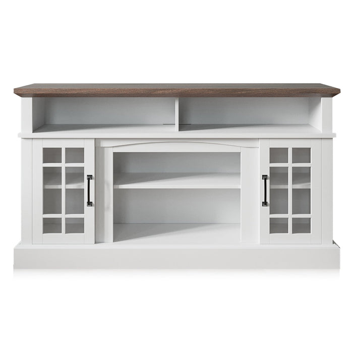 BELLEZE 58 Inch TV Stand, Rustic Wood Entertainment Center for TVs up to 65", Contemporary Media Console Table with Two Open Shelves and Glass Door Cabinets - Astorga (White) - new