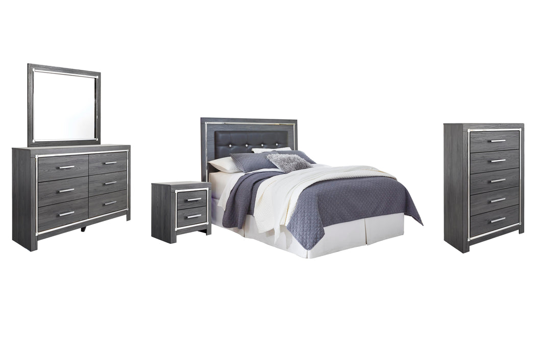 Lodanna Gray Lodanna Queen/Full Upholstered Panel Headboard Bed with Mirrored Dresser, Chest and Nightstand
