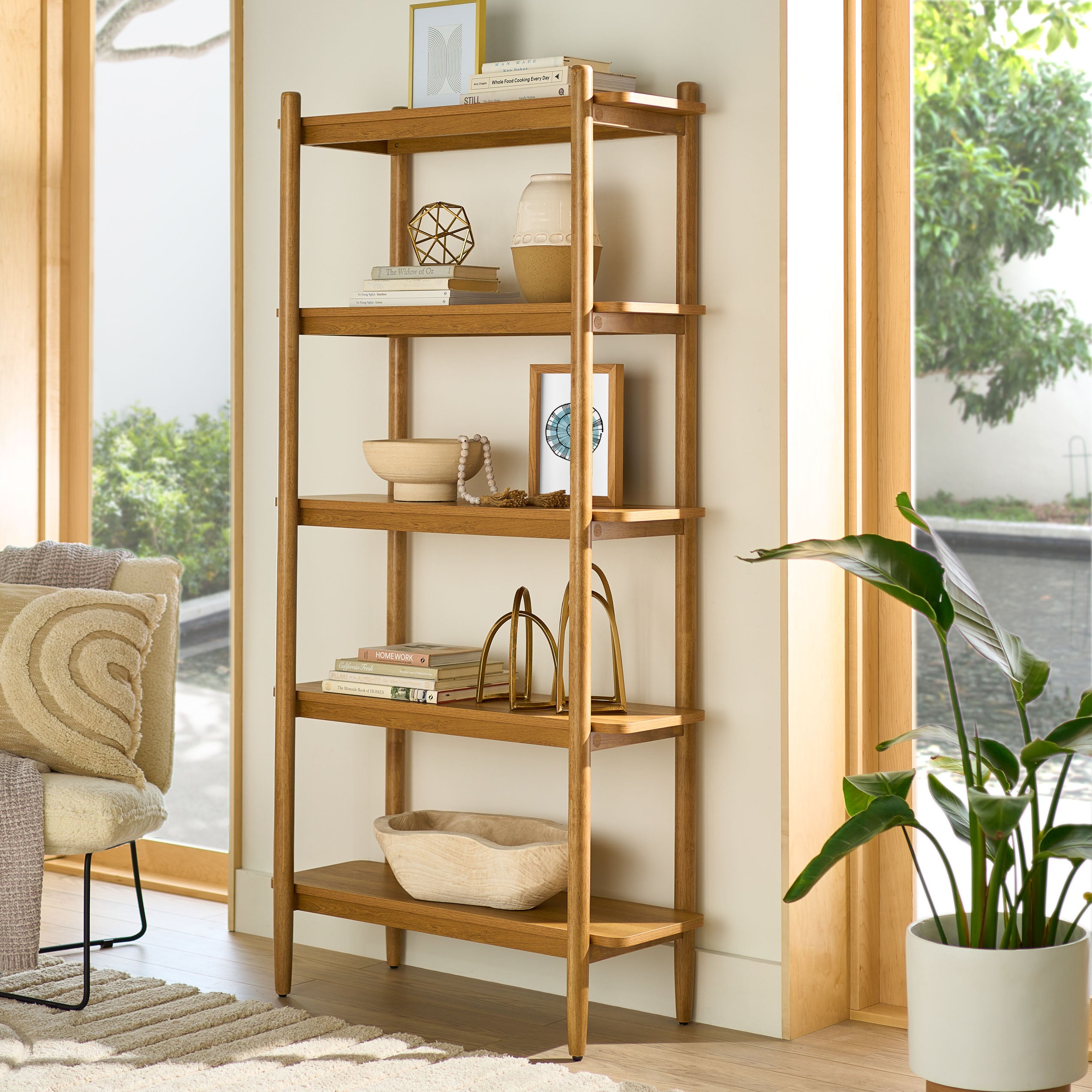 Better Homes & Gardens Springwood 5 Shelf Bookcase with Solid Wood Frame, Light Honey Finish - open_box