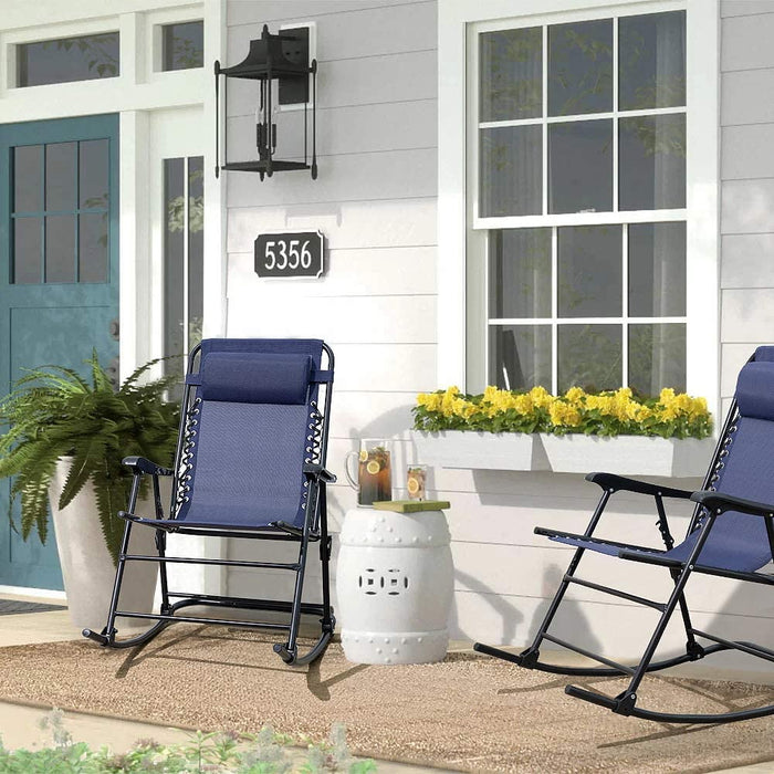 Zero Gravity Rocking Chair with Headrest Pillow Folding Recliner Foldable Lounge Chair, Blue - new