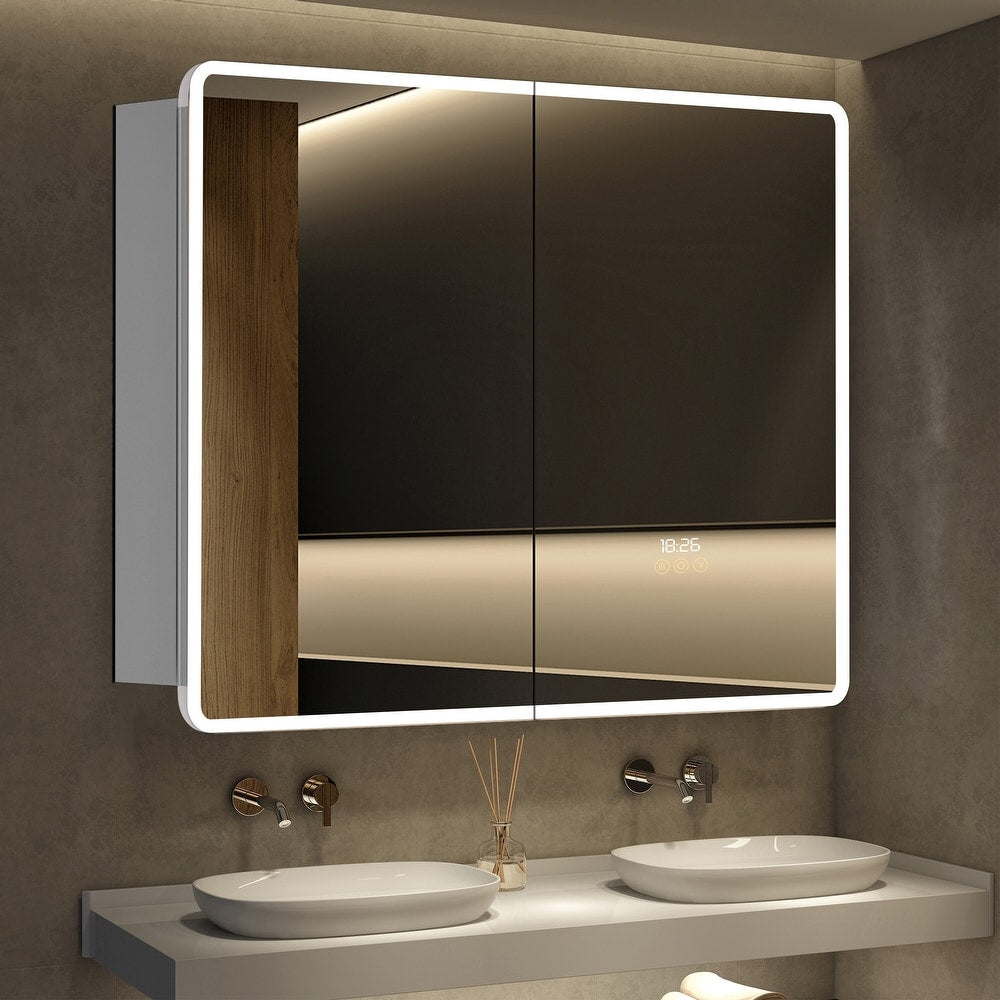 Aluminum LED Bathroom Medicine Cabinet with Mirror,Recessed or Wall-mounted,Defogger,Built-in power and USB - open_box